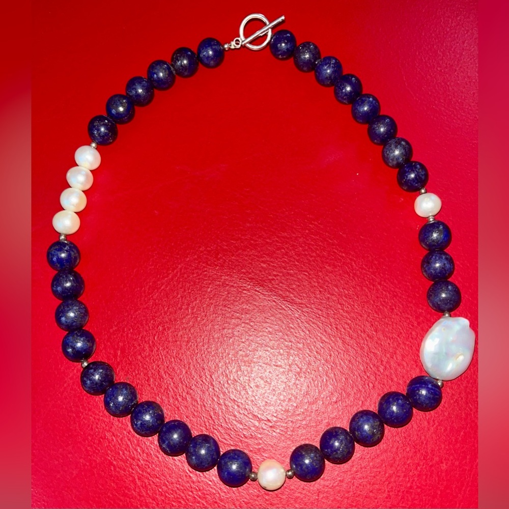 lapis lazuli beaded necklace with pearls And silver clasp, 20 Inches